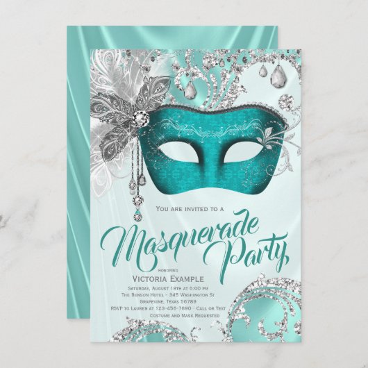 ティール（緑がかった色）ブルーシルバースウィート16マスカレードパーティー 招待状 (正面/裏面)