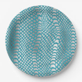 ティール（緑がかった色）ブルーシルバースネークプリント ペーパープレート (正面)