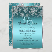 ティール(緑がかった色)ブルーシルバースノーフレークスウィート16招待状 招待状 (正面/裏面)