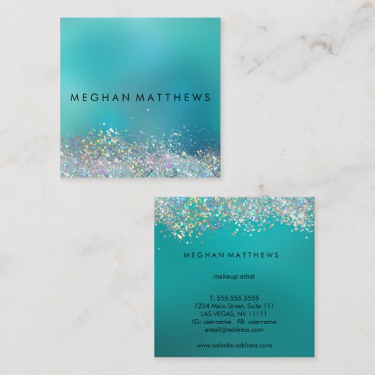 ティール（緑がかった色）ブルーシルバースパークル美しいスタイリスト スクエア名刺 (正面/裏面)