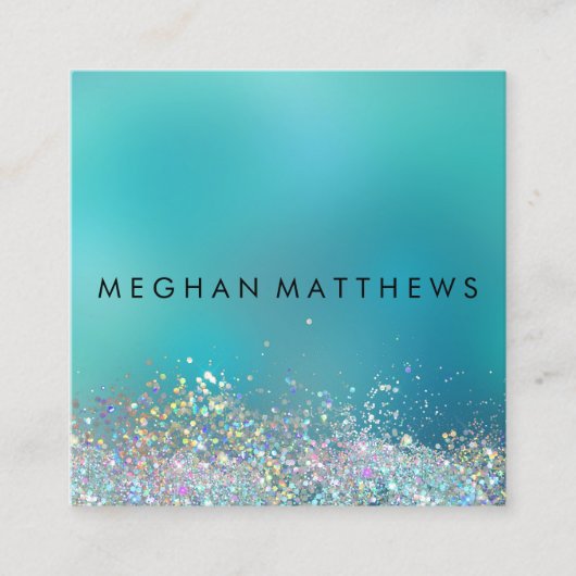 ティール(緑がかった色)ブルーシルバースパークル美しいスタイリスト スクエア名刺 (正面)