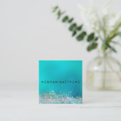 ティール(緑がかった色)ブルーシルバースパークル美しいスタイリスト スクエア名刺 (スタンド正面)