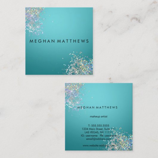 ティール（緑がかった色）ブルーシルバースパークル美しい スクエア名刺 (正面/裏面)