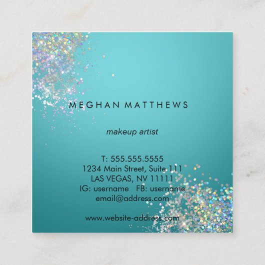 ティール(緑がかった色)ブルーシルバースパークル美しい スクエア名刺 (裏面)