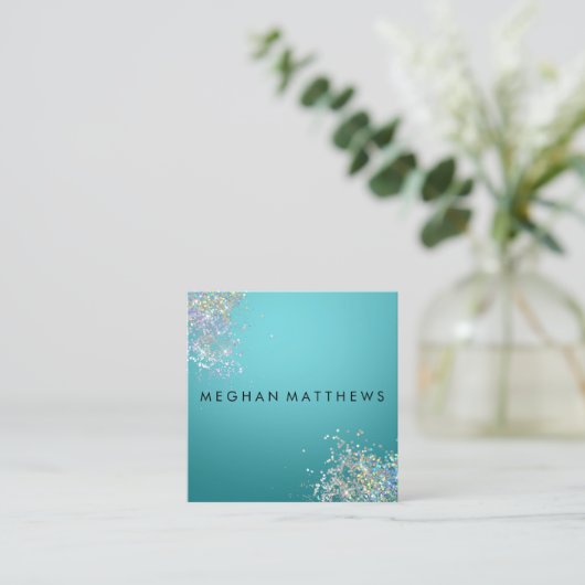 ティール（緑がかった色）ブルーシルバースパークル美しい スクエア名刺 (スタンド正面)