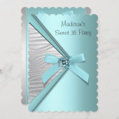 ティール（緑がかった色）ブルーシルバーゼブラスウィート16パーティー 招待状 (正面/裏面)