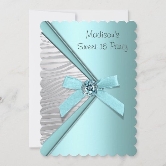 ティール（緑がかった色）ブルーシルバーゼブラスウィート16パーティー 招待状 (正面)