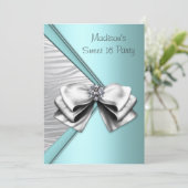 ティール(緑がかった色)ブルーシルバーゼブラスウィート16パーティー 招待状 (スタンド正面)