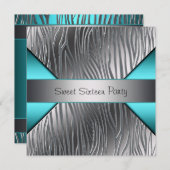 ティール(緑がかった色)ブルーシルバーゼブラスウィート16パーティー 招待状 (正面/裏面)