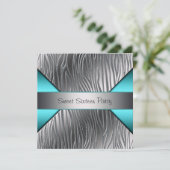 ティール(緑がかった色)ブルーシルバーゼブラスウィート16パーティー 招待状 (スタンド正面)