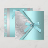 ティール（緑がかった色）ブルーシルバーゼブラパーティーテンプレート 招待状 (正面/裏面)