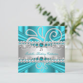 ティール（緑がかった色）ブルーシルバーダイアモンズパールバースデーパーティー 招待状 (スタンド正面)
