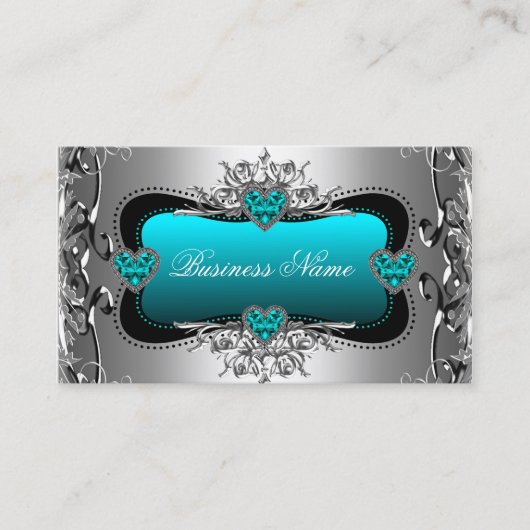 ティール（緑がかった色）ブルーシルバーダイヤモンドイメージハート エレガント 名刺 (正面)