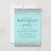ティール（緑がかった色）ブルーシルバーニーエイジ誕生日グリッター モダン 招待状 (正面)