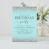 ティール（緑がかった色）ブルーシルバーニーエイジ誕生日グリッター モダン 招待状 (スタンド正面)