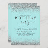 ティール（緑がかった色）ブルーシルバーニーエイジ誕生日グリッター モダン 招待状 (正面/裏面)