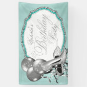 ティール（緑がかった色）ブルーシルバーハイヒールシューバースデーパーティー 横断幕 (縦)