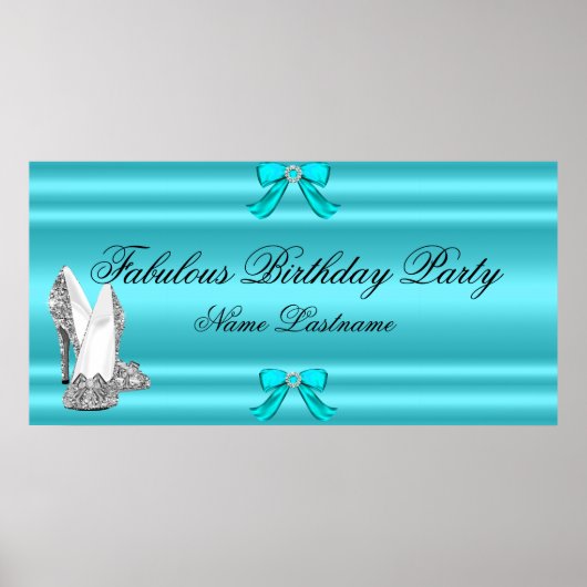 ティール（緑がかった色）ブルーシルバーハイヒール誕生日バナー ポスター (正面)