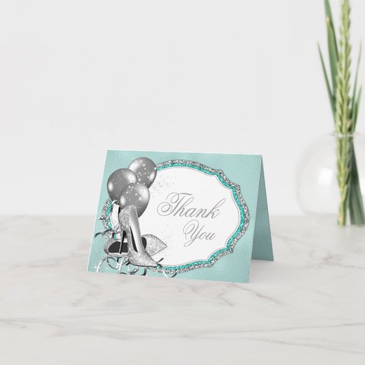 ティール(緑がかった色)ブルーシルバーハイヒール靴ありがとう サンキューカード (正面)
