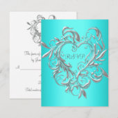 ティール（緑がかった色）ブルーシルバーハートRSVP応答カード 出欠カード (正面/裏面)