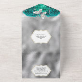 ティール(緑がかった色)ブルーシルバーバタフライきらめくグリッターバラ オールインワン招待状 (外側)