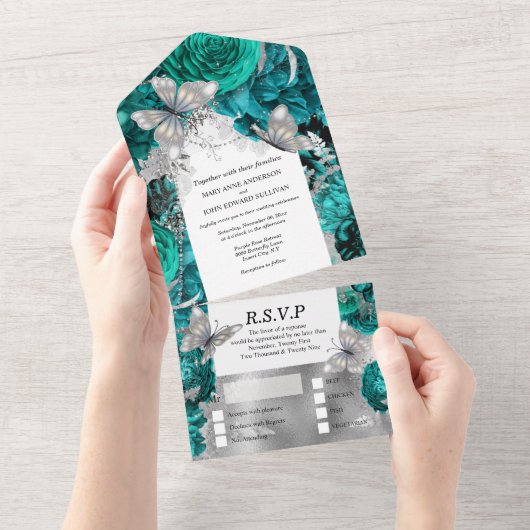 ティール(緑がかった色)ブルーシルバーバタフライきらめくグリッターバラ オールインワン招待状 (貼ってはがせる)