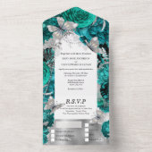 ティール(緑がかった色)ブルーシルバーバタフライきらめくグリッターバラ オールインワン招待状 (内側)