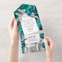 ティール(緑がかった色)ブルーシルバーバタフライきらめくグリッターバラ オールインワン招待状