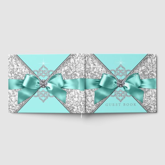 ティール（緑がかった色）ブルーシルバーバースデー結婚タパーティーズゲストブック ゲストブック (全面)