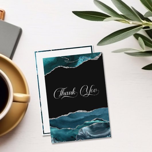 ティール(緑がかった色)ブルーシルバーフェイクグリッター サンキューカード