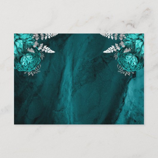 ティール(緑がかった色)ブルーシルバーフローラアガートスクリプトウェディングRSVP エンクロージャーカード (裏面)