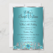 ティール（緑がかった色）ブルーシルバーフローラスワールスウィート16招待状 招待状 (正面)