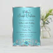 ティール（緑がかった色）ブルーシルバーフローラスワールスウィート16招待状 招待状 (スタンド正面)