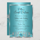 ティール（緑がかった色）ブルーシルバーフローラスワールスウィート16招待状 招待状 (正面/裏面)