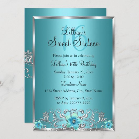 ティール（緑がかった色）ブルーシルバーフローラスワールスウィート16招待状 招待状 (正面/裏面)