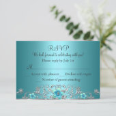 ティール(緑がかった色)ブルーシルバーフローラスワールRSVP 出欠カード (スタンド正面)