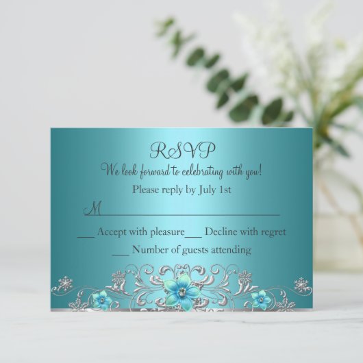 ティール(緑がかった色)ブルーシルバーフローラスワールRSVP 出欠カード (スタンド正面)