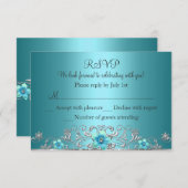 ティール(緑がかった色)ブルーシルバーフローラスワールRSVP 出欠カード (正面/裏面)