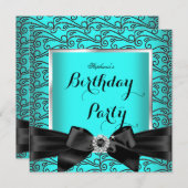 ティール(緑がかった色)ブルーシルバーブラックダイアモンズバースデーパーティー 招待状 (正面/裏面)