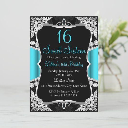 ティール(緑がかった色)ブルーシルバーブラックティアラスウィート16招待状 招待状 (スタンド正面)