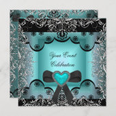 ティール(緑がかった色)ブルーシルバーブラックレースエレガントパーティー 招待状 (正面/裏面)