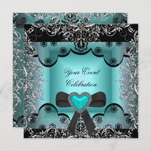 ティール(緑がかった色)ブルーシルバーブラックレースエレガントパーティー 招待状 (正面/裏面)