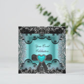 ティール(緑がかった色)ブルーシルバーブラックレースエレガントパーティー 招待状 (スタンド正面)