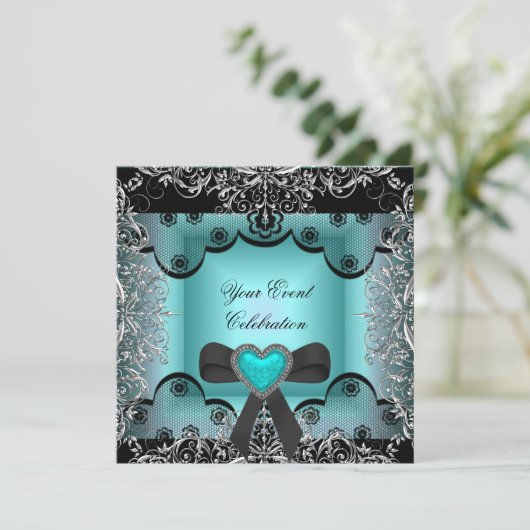 ティール(緑がかった色)ブルーシルバーブラックレースエレガントパーティー 招待状 (スタンド正面)