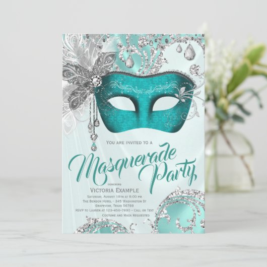 ティール（緑がかった色）ブルーシルバーマスクマスカレードパーティー 招待状 (スタンド正面)
