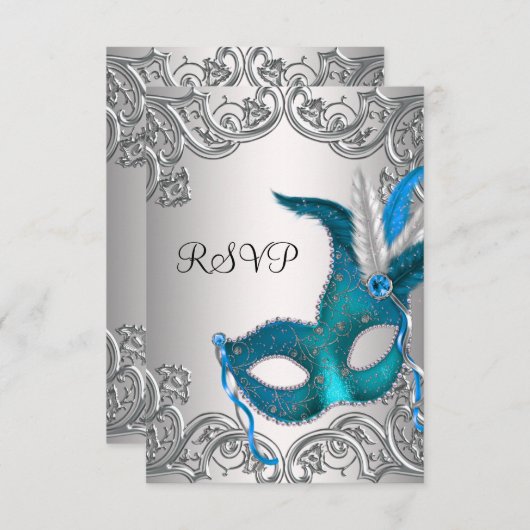 ティール（緑がかった色）ブルーシルバーマスクマスカレードパーティーRSVP 出欠カード (正面/裏面)