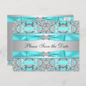 ティール(緑がかった色)ブルーシルバー日付を保存 案内ポストカード (正面/裏面)