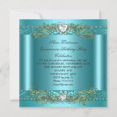 ティール(緑がかった色)ブルーシルバー金ゴールドキンセアニェラ誕生日パーティー 招待状 (裏面)