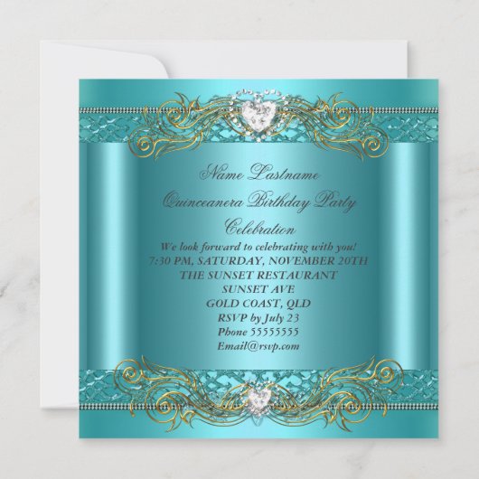 ティール（緑がかった色）ブルーシルバー金ゴールドキンセアニェラ誕生日パーティー 招待状 (裏面)