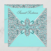 ティール（緑がかった色）ブルーシルバーSweet sixteen誕生会 招待状 (正面/裏面)